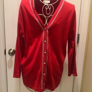 Tia Cardigan or Shacket SIZE L Bright Red with Bling V-neck